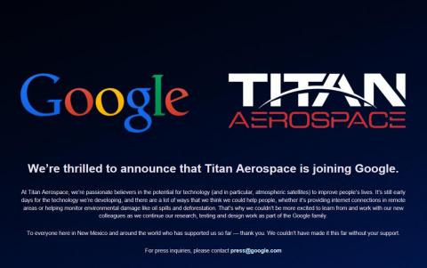 '타이탄 에어로스페이스' 웹사이트. 구글의 인수 사실을 공표하고 있다.