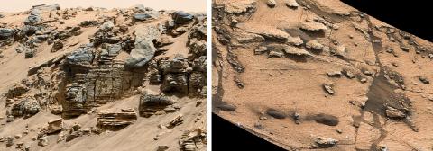 사진 왼쪽은 NASA의 큐어리어시티 로버가 화성의 낮은 샤프 언덕(Mount Sharp) 세 곳에서 조사한 퇴적암. 오랫 동안 물이 차 있었던 호수 안의 서로 다른 깊이에 쌓여있던 퇴적물이 상이한 질감을 보여준다. 이 사례들은 퇴적물을 머금은 물이 호수로 흘러들어가 유속이 느려지며 많은 퇴적물을 생성함으로써 호수 가장자리에 생긴 두꺼운 층을 나타낸다. 오른쪽 그림의 사례는 더 얇은 층으로서 호수 가장자리에서 멀리 떨어진 더 깊은 물 속에서 생긴 퇴적물로 해석된다. Credit: NASA/JPL-Caltech/MSSS