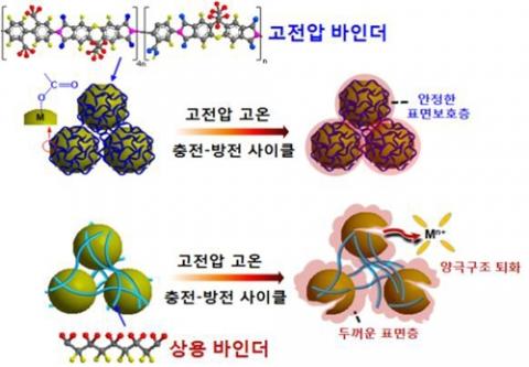 새로운 고전압 바인더(위)를 적용한 과리튬 산화물 양극은 가혹한 충전 조건에도 양극구조 퇴화가 억제되고 충·방전 성능이 획기적으로 향상했다. 반면, 상용 바인더의 경우 고전압·고온에서 양극구조 퇴화와 전해질의 지속적 산화 분해로 이차전지 성능이 급속히 나빠졌다. ⓒ 한국연구재단