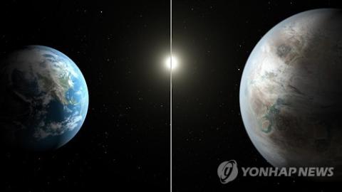 인간이 사는 데 적합한 환경을 지녔을 개연성이 있는 '또 다른 지구'가 태양계 밖에서 최초로 발견됐다. 미국 항공우주국(NASA)은 백조자리에서 지구로부터 약 1천400 광년 떨어진 행성 '케플러-452b'를 발견했다고 23일 밝혔다. 사진 왼쪽은 지구의 모습, 오른쪽은 행성 케플러-452b의 상상도.