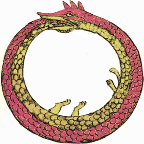케쿨레가 꿈 속에서 목격한 우로보스는 ‘꼬리를 삼키는 자’라는 뜻으로 커다란 뱀, 또는 용이 자신의 꼬리를 물고 삼키는 형상으로 원형을 이루고 있는 모습으로 주로 나타난다. 시작이 곧 끝이라는 의미로 영원성을 상징한다. 여기에서 벤젠의 고리구조에 대한 영감을 얻었다 ⓒ 위키피디아