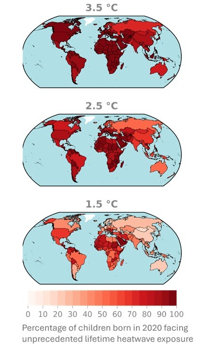 세가지 온난화 시나리오별 '전례 없는 폭염'에 노출되는 어린이 비율 ⓒGrant et al., 2025, Nature 제공