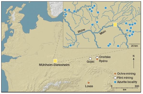 뮐하임-디테스하임 유적 주변 지역 지도. 파란 점들은 라인-마인 강 유역에 분포한 아주라이트 산지를, 갈색과 흰색 점들은 동시대 구석기시대 황토 및 부싯돌 채굴 유적을 나타낸다. ⒸAntiquity