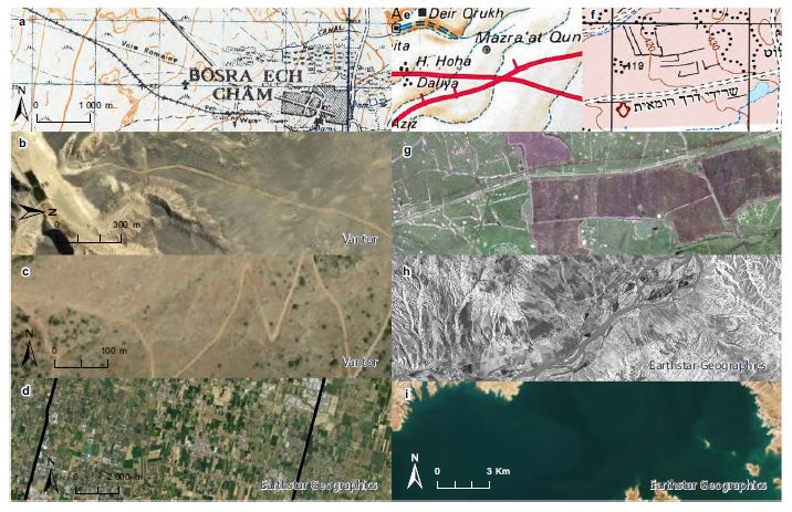 여러 지역의 지형도와 위성·정사영상에서 고대 로마 도로의 흔적을 다양한 형태로 확인한 사례를 보여준다. ⒸScientific Data