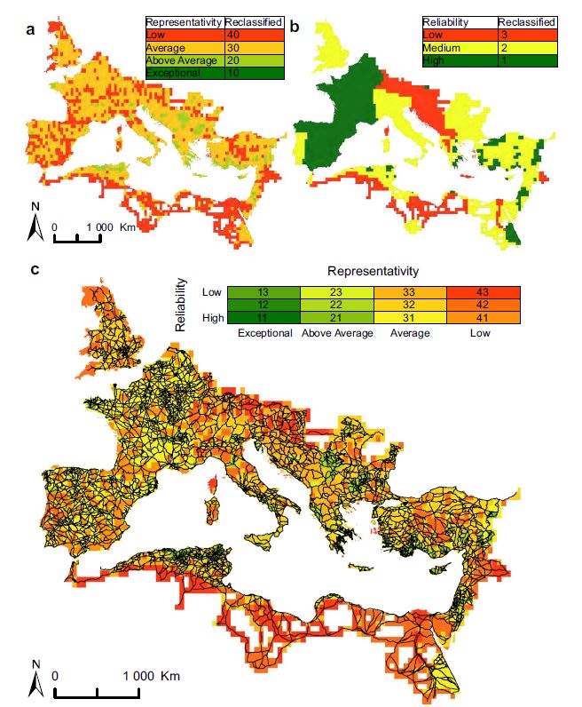 대표성 지도와 신뢰성 지도를 결합해 만든 신뢰도 지도 위에 로마 도로 데이터를 중첩한 모습. ⒸScientific Data
