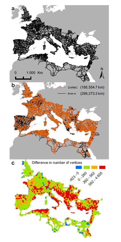 Itiner-e 도로망은 이베리아반도·에게해·이집트 등에서 DARMC보다 넓은 커버리지와 더 높은 공간 해상도를 제공하며, 일부 파란색으로 표시된 지역을 제외하고 제국 전역에서 세부 표현이 전반적으로 향상됐다. ⒸScientific Data