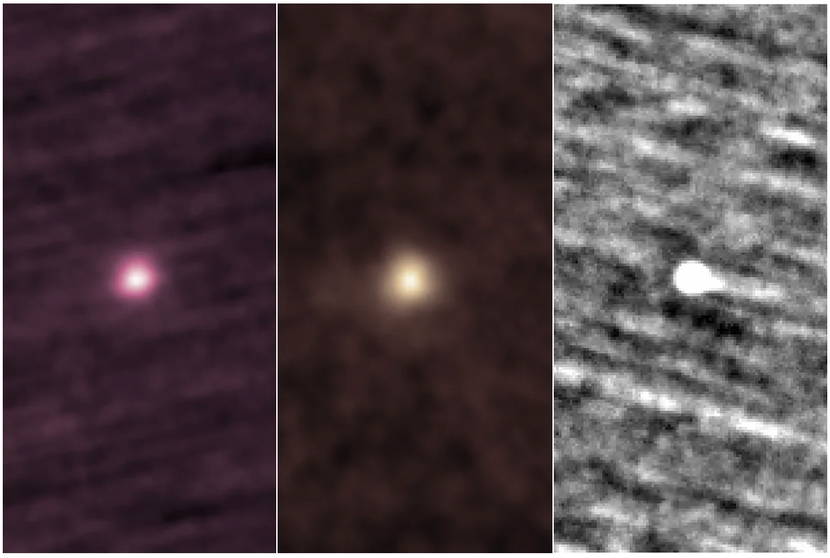 왼쪽부터 NASA의 STEREO-A, ESA/NASA SOHO, NASA의 PUNCH 우주선이 관측한 혜성 3I/ATLAS의 이미지 (2025년 9월/10월 관측). ⓒ NASA/Lowell Observatory/Qicheng Zhang; NASA/Southwest Research Institute
