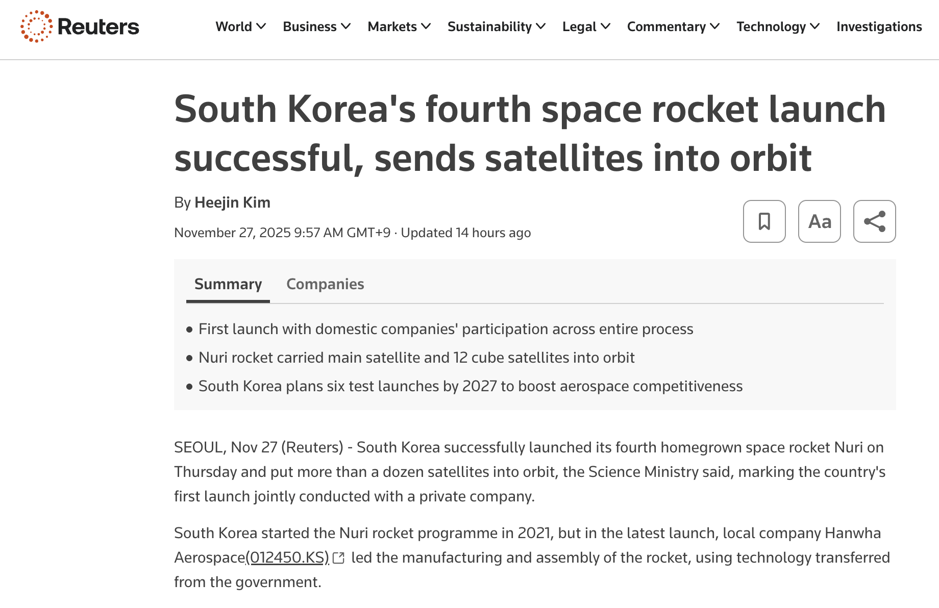 로이터 통신 역시 &quot;한국이 목요일 네 번째 자국산 누리 로켓을 성공적으로 발사하여 12기 이상의 위성을 궤도에 올렸다&quot;며 &quot;민간 기업과 공동으로 진행한 최초의 발사&quot;라고 보도했다.  ⓒ Reuter