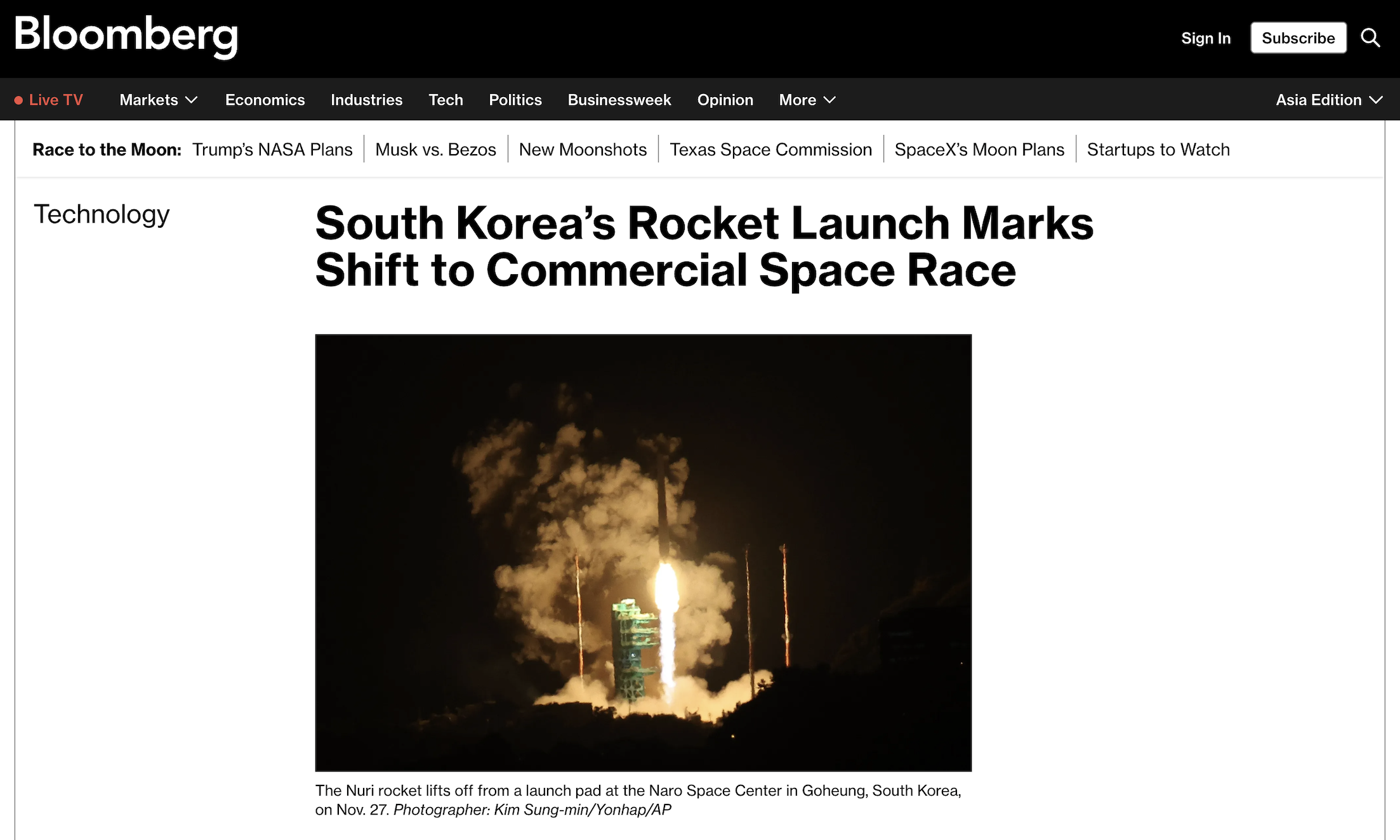 미국 경제전문 매체 블룸버그(Bloomberg)는 &quot;한국의 로켓 발사, 상업 우주 경쟁으로의 전환을 알리다(South Korea's Rocket Launch Marks Shift to Commercial Space Race)&quot;라는 제목의 기사를 통해 이번 발사의 경제적·산업적 의미를 심층 분석했다. ⓒ Bloomberg