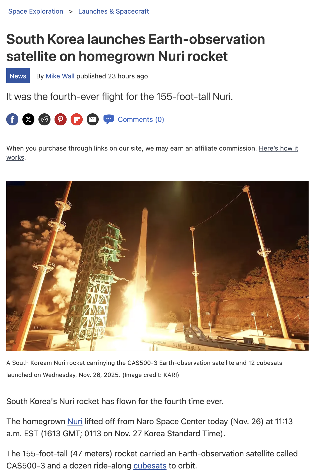 미국의 대표적인 우주 전문 매체 스페이스닷컴(Space.com)은 &quot;한국, 자국산 누리 로켓으로 지구관측위성 발사(South Korea launches Earth-observation satellite on homegrown Nuri rocket)&quot;라는 제목으로 기술적 측면에서 상세한 분석 기사를 게재했다. ⓒ Space.com