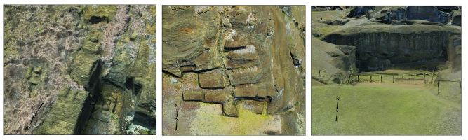 작업장마다 지형에 맞춰 (왼쪽) 얼굴 우선, (중간) 블록, (오른쪽) 수직 절벽용 측면 방식 등 각 집단의 독자적 조각 방식을 사용한 것으로 나타났다. ⒸPLOS One