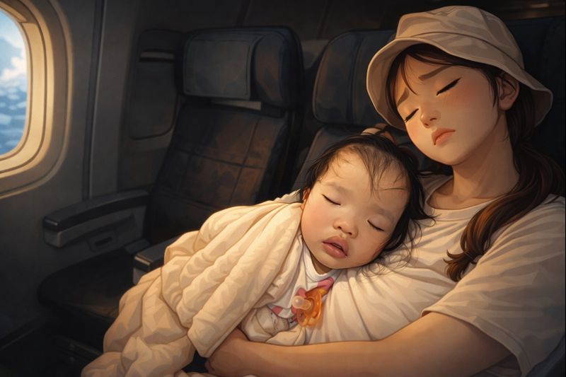 까까를 무릎에 앉혀 재우며 5시간 정도의 비행을 마쳤을 때, 항공사가 왜 이 작은 인간에게 항공료를 받지 않는지를 깨달을 수 있었다. 고생의 순간을 아름답게 그려준 AI에게 고마울 뿐. ©사이언스타임즈 권예슬/ChatGPT