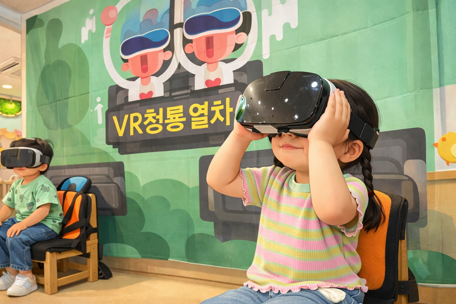 ▲ 기술의 발달은 아이들의 놀이문화도 바꿨다. 어린이집 행사에서 VR 기기로 청룡 열차를 즐기는 만3세 시절 까까(태명)의 모습. Ⓒ사이언스타임즈 권예슬/ChatGPT
