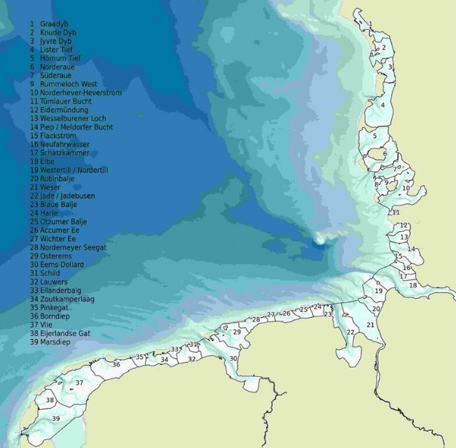 바덴해에 있는 39개 조간대의 분포. ©waddensea-worldheritage.org
