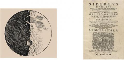 갈릴레이가 스케치한 최초의 달 그림(왼쪽), 시데리우스 눈치우스의 책 표지(오른쪽). ⓒ 이태형