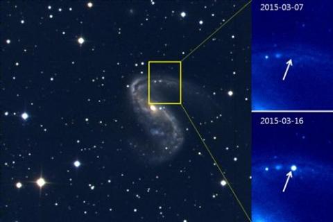 제1a형 초신성 SN 2015F가 나타난 NGC 2442 은하의 모습. 그림의 노란색 박스로 표시된 부분에서 초신성 폭발이 일어났다. ⓒ 미래창조과학부