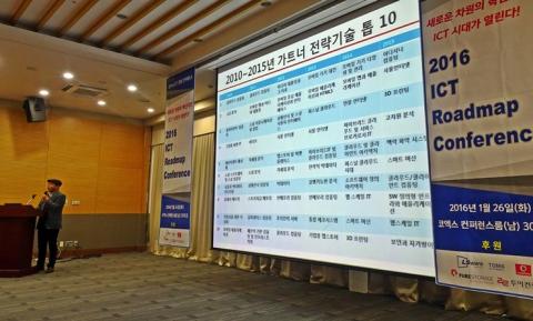 지난 26일(화) 열린 '2016 ICT 로드맵 컨퍼런스'에 참가한 박서기 소장이 글로벌 컨설팅 회사 가트너 그룹이 꼽은 올 해 '핵심 전략기술 Top 10'에 대해 설명하고 있다.