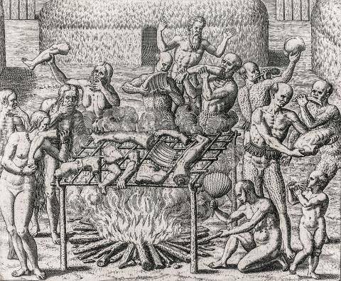 드 브리(Theodor de Bry, 1528-1598)의 판화. 당시 남아메리카를 탐험한 독일의 한스 스타든(Hans Staden)이 쓴 원주민들의 식인 기록을 판화로 제작했다. ⓒWikipedia