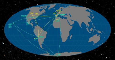 전 세계의 주요 전파망원경을 연결한 EHT 프로젝트의 개념도. ⓒ European Southern Observatory/O. Furtak