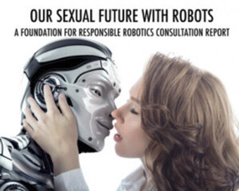 네덜란드 로봇공학연구소에서 5일 발표한 섹스로봇 관련 보고서 표지에서 한 여성이 로봇과 키스하고 있다. 섹스로봇으로 인한 윤리적 부작용이 크다고 보고 사회적 규제 대책을 마련해줄 것으로 촉구하고 있다. ⓒFRR