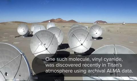 칠레 아타카마 사막에 있는 ALMA 우주전파관측 군집 동영상 캡처. Produced by NRAO Education & Public Outreach (NRAO/AUI/NSF); Cassnin Imaging Team; NASA/JPL-Caltech/SSI/JHUAPL/Univ. Arizona; Mu