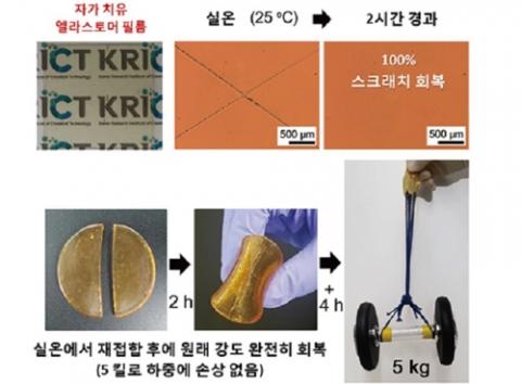 한국화학연구원 엘라스토머 소재 개발 설명도. 절단·재접합 후에도 기계적 강도를 2시간 이내에 80%, 6시간 이내에 완전히 회복했다. ⓒ 한국화학연구원