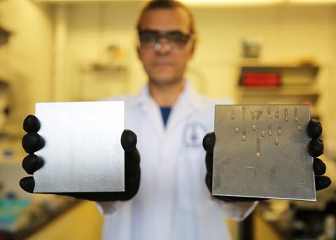 식용유로 코팅한 표면(왼쪽)과 코팅하지 않은 표면 ⓒ Liz Do