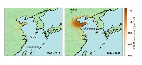 제주도 고산 관측센터와 일본 하테루마 대기관측소 측정치로 추산한 2008~2012년 사이(왼쪽)와 2014~2017년 사이(오른쪽)의 프레온가스 배출량 비교. 주로 산둥성과 허베이성 주변 지역에서 배출량이 늘어났다. CREDIT: University of Bristol