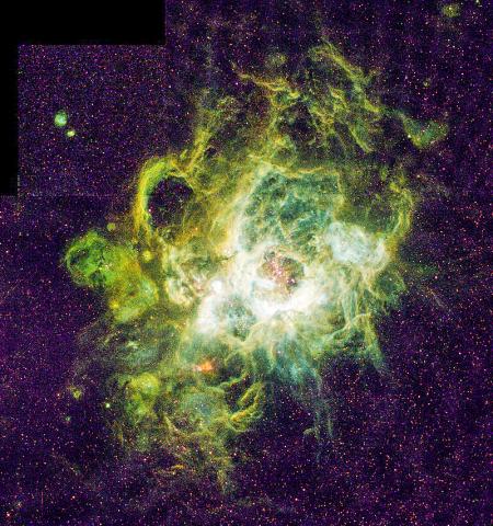 허블우주망원경이 촬영한 거대 성운인 NGC604에서 새로운 별이 탄생하고 있는 모습. 삼각형자리 성좌로부터 270만 광년 떨어진 M33 나선 은하 근방에 있다. Credit: NASA, Hui Yang University of Illinois ODNursery of New Stars