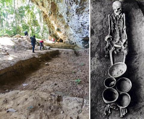 말레이시아 켈란탄 지역 넹기리 강 유역의 고고학 유적지인 구아 차(Gua Cha; 차 동굴) 지역(왼쪽)과 1954년 여기에서 발견된 기원 전 1000년 전의 여성 인골과 진흙바구니.  Photo : Hafiz Zainuddin / Roketkini.com / Wikimedia Malaysia