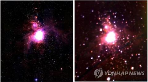 오리온성운에 대해 지상망원경 2MASS 근적외선으로 촬영한 영상(왼쪽)과 한국천문연구원이 개발한 근적외선 우주망원경 NISS가 찍은 영상. ⓒ 미국 매사추세츠대학 및 캘리포니아공대·한국천문연구원 /연합뉴스