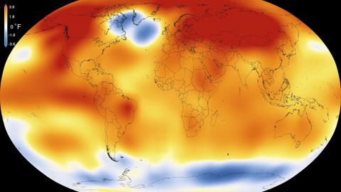 1951~1980년과 비교한 2015년의 지구 기온 이상현상. 2015년은 1880년에 시작된 NASA / NOAA 기온 기록 가운데 가장 따뜻한 해였다.(NASA / NOAA, 2016 년 1 월 20 일) Credit : Wikipedia / NASA Scientific Visualization Studio