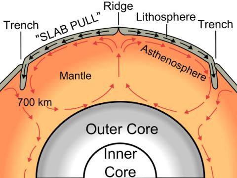 해령(ocean ridges ) 형성과, 지표 암석권(lithosphere)이 해구(trenches)에서 다른 판 밑으로 섭입되는 모습을 보여준다. Credit : Wikipedia / Surachit