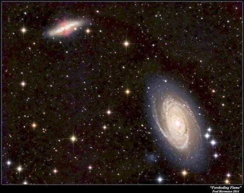 은하계 간 이동이 일어날 수 있는 M81(오른쪽 아래)과 M82(왼쪽 위) 은하 쌍. M82에서 초신성 폭발로 방출된 가스는 우주공간을 통과해 M81 은하의 성장에 기여할 수 있다. Credit: Fred Herrmann, 2014, http://cs.astronomy.com/asy/m/galaxies/489483.aspx