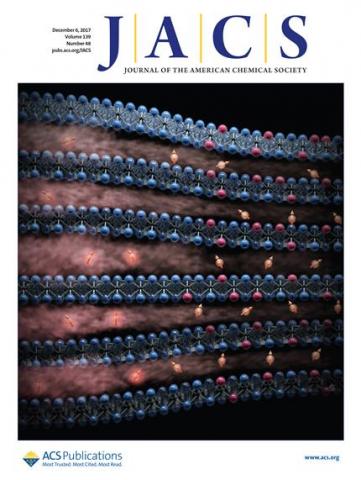 신소재 전자화물 연구 성과를 표지논문으로 실은 미국화학학회지. 격자 간 전자 구속 정도에 따른 자기 물성 극대화 모식도를 담았다. ⓒ 한국연구재단