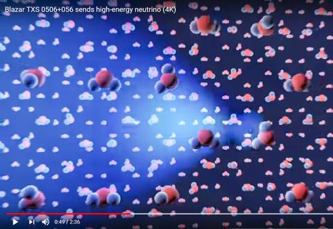 남극 얼음 속을 통과하는 중성미자와 물분자가 충돌하는 모습 일러스트. Credits Video: NASA Goddard Space Flight Center Images: Axel Mellinger, Central Michigan University NASA/DOE/Fermi LAT Collaboration