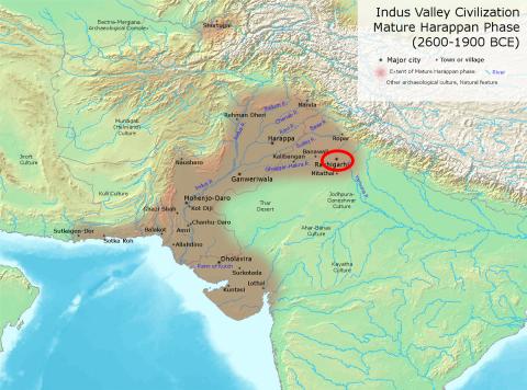 인더스 하라파 문명이 번성할 때(2600~1900 BCE)의 인더스 문명 지역 지도. 원형 표시는 고고학 유적지인 라키가리 시. Credit: Wikimedia / Avantiputra7